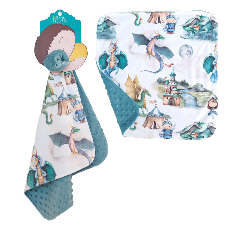 Mini Minky toddler blanket with dragon and knight design, 18x18 inches, soft Minky fabric, sensory touch, lightweight for travel.