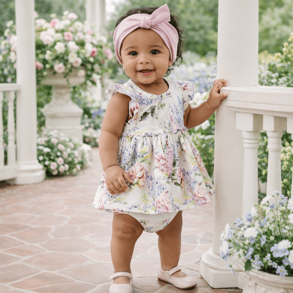 Baby skirted bodysuit with watercolor floral print, flutter sleeves, and a gathered skirt.