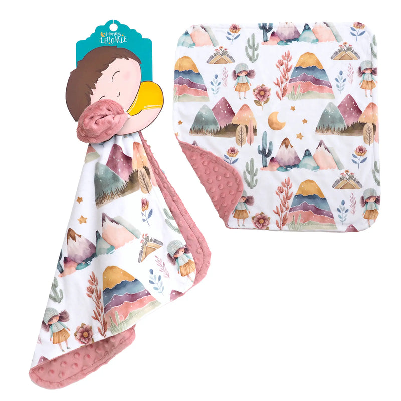 Mini Minky Dreamland toddler blanket with colorful mountain and nature design, made of soft Minky fabric, 18x18 inches, lightweight, machine washable.
