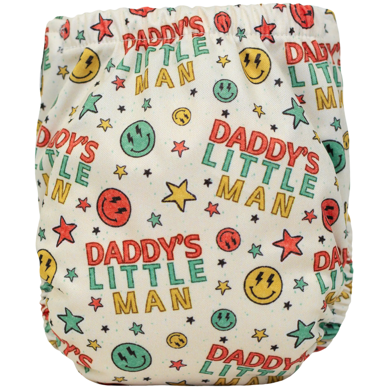 Tiny Tushies Newborn AIO Cloth Diaper with playful "Daddy's Little Man" print.