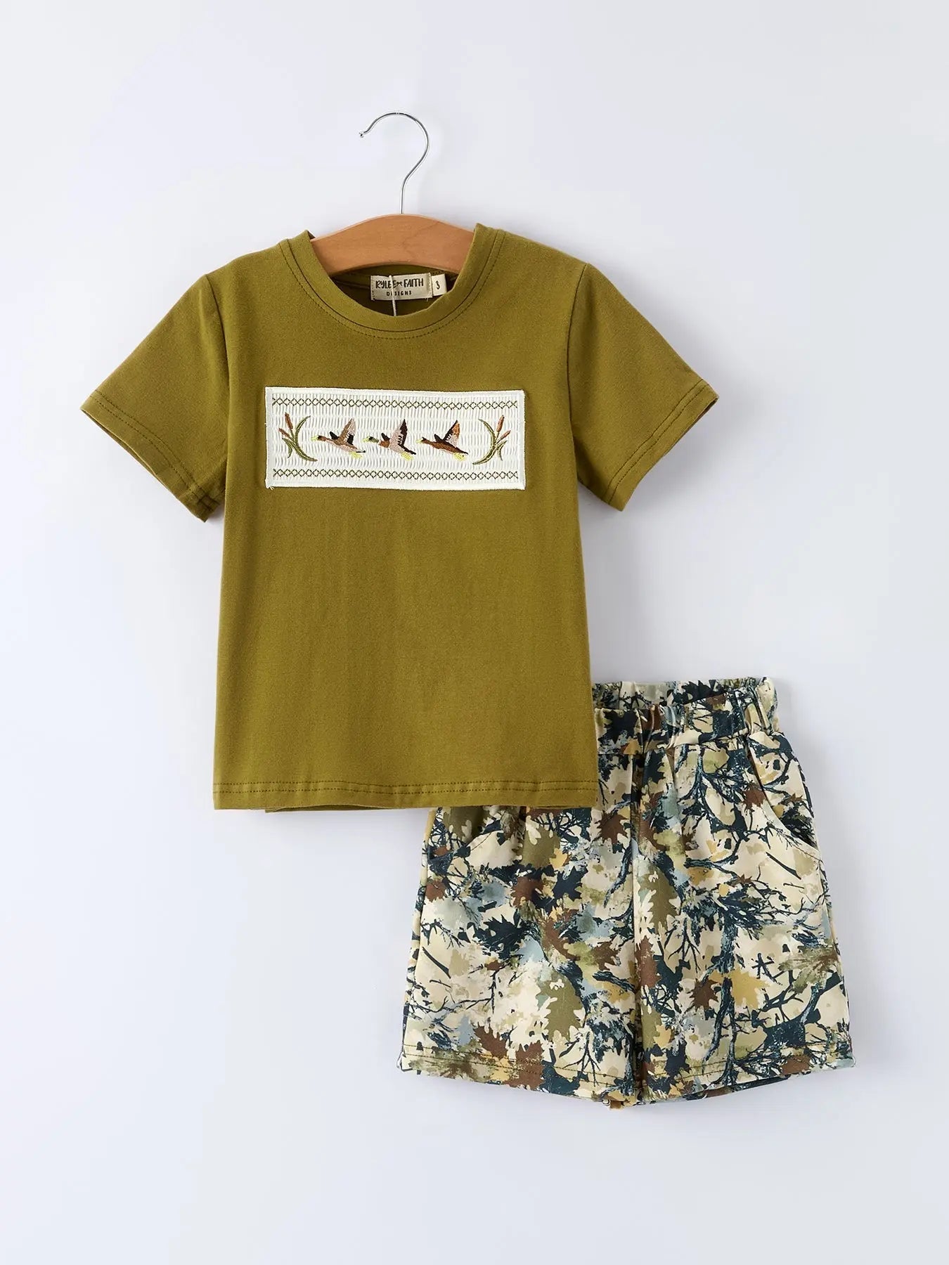 Duck Embroidery Boys Set Rylee Faith Designs Soft Green Tee And Camo Shorts For Toddlers All Day Comfort Rylee Faith Designs 