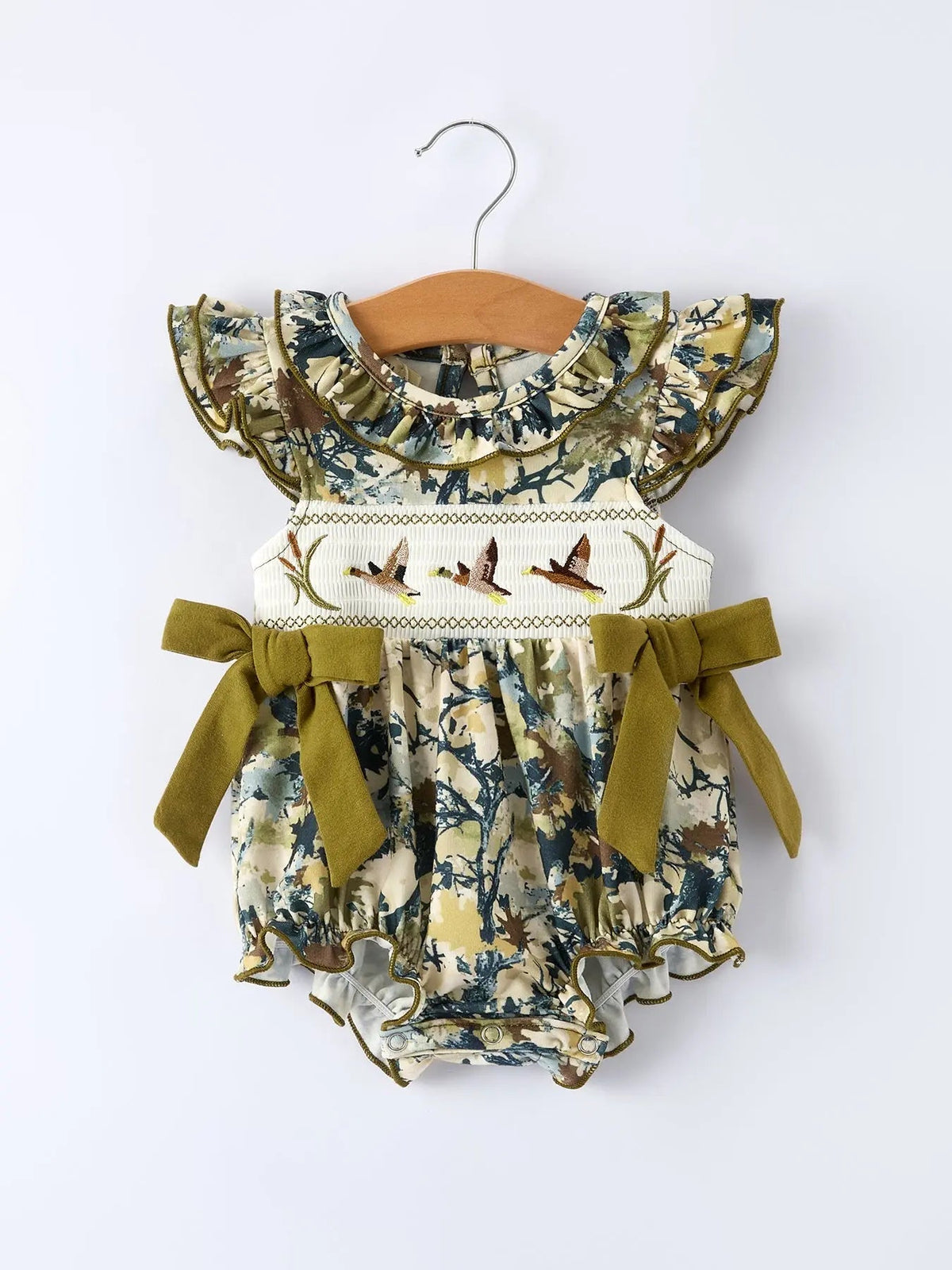 Rylee Faith Designs Duck Smocking Embroidery Baby Girls Camouflage Romper - 