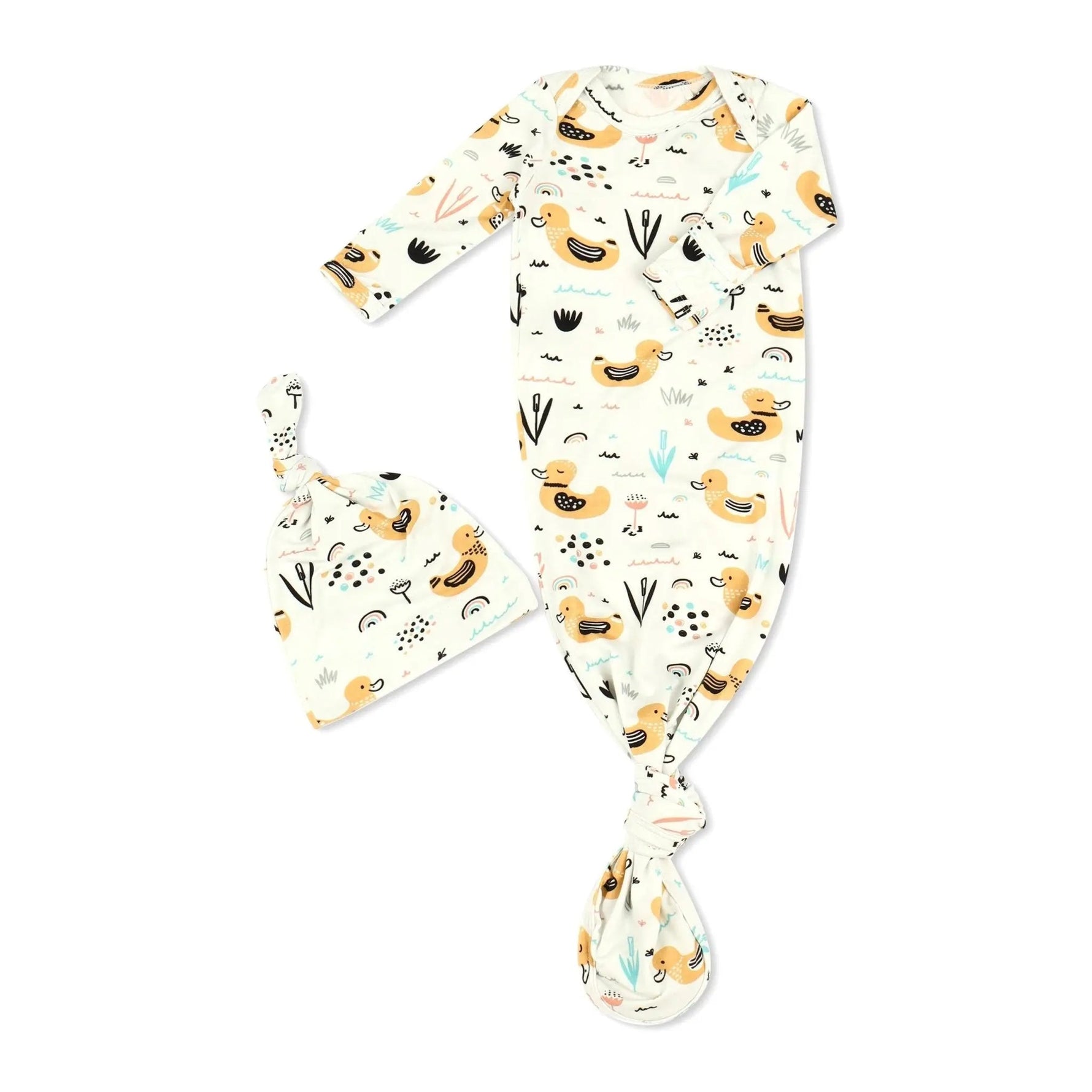 Bestaroo Ducky Daze Bamboo Gown and Hat Set with Fold Over Mittens for Baby 0 - 3 Months - 