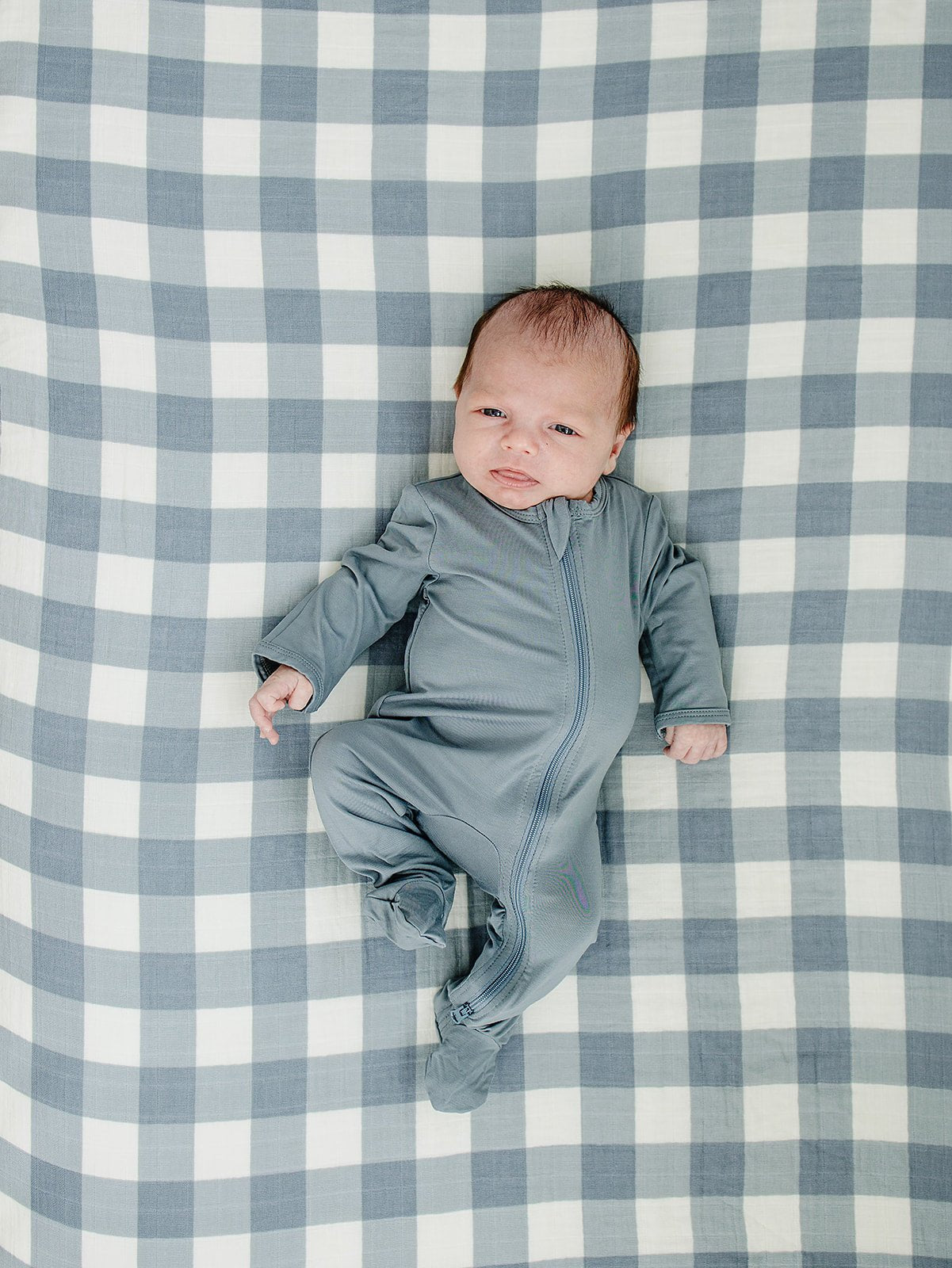 Mebie Baby Dusty Blue Gingham Muslin Crib Sheet - 