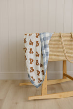 Mebie Baby Dusty Blue Gingham + Teddy Bear Muslin Quilt - 