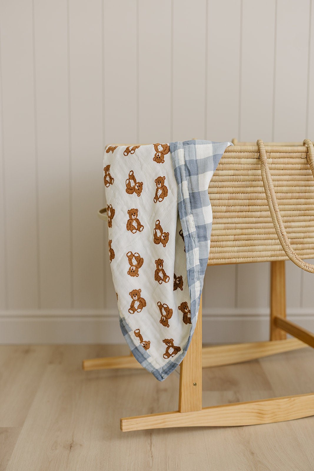 Mebie Baby Dusty Blue Gingham + Teddy Bear Muslin Quilt - 