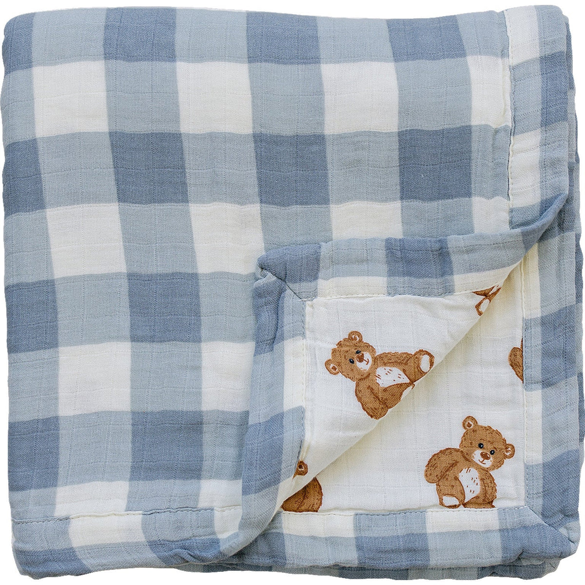 Mebie Baby Dusty Blue Gingham + Teddy Bear Muslin Quilt - 