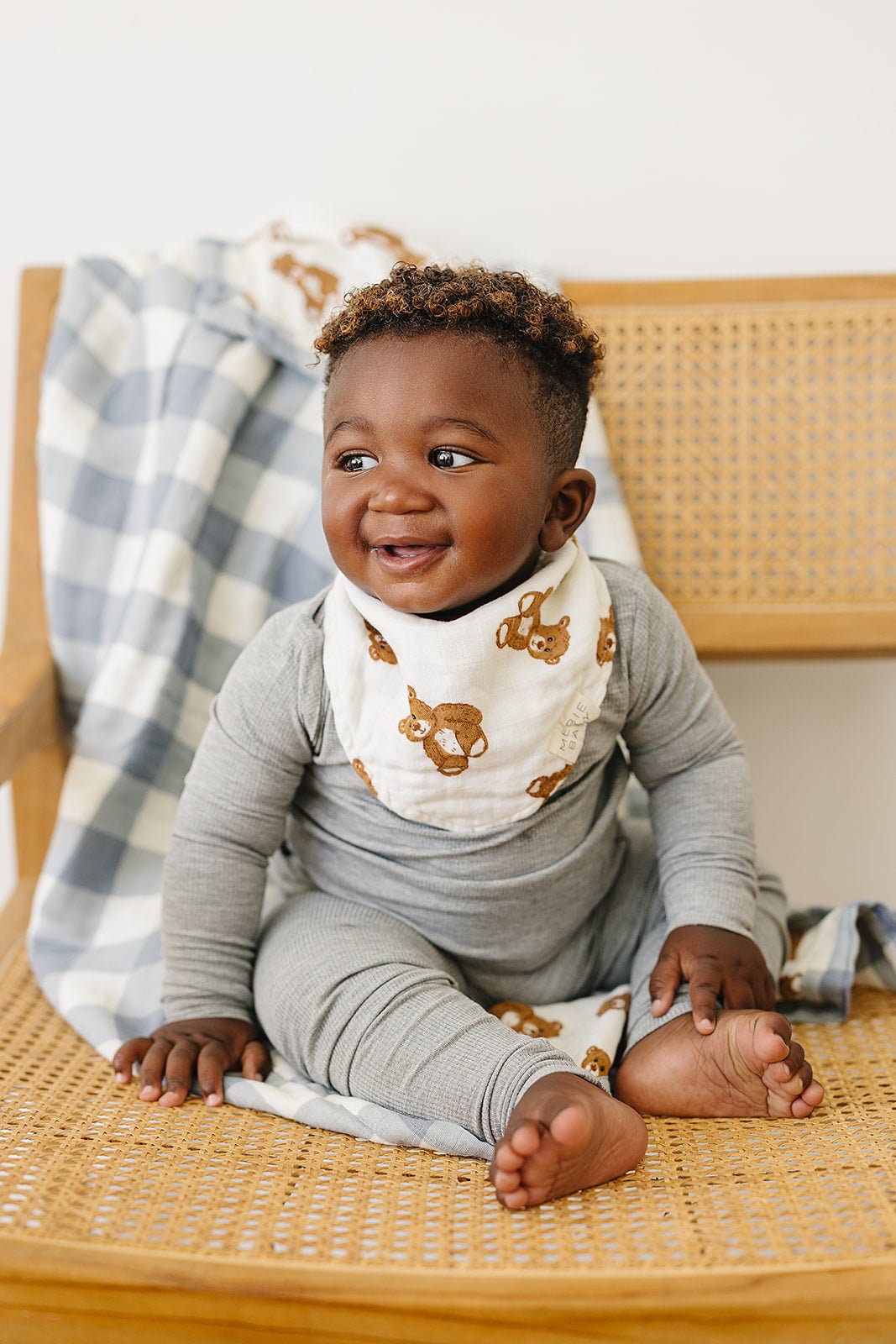 Mebie Baby Dusty Blue Gingham + Teddy Bear Muslin Quilt - 
