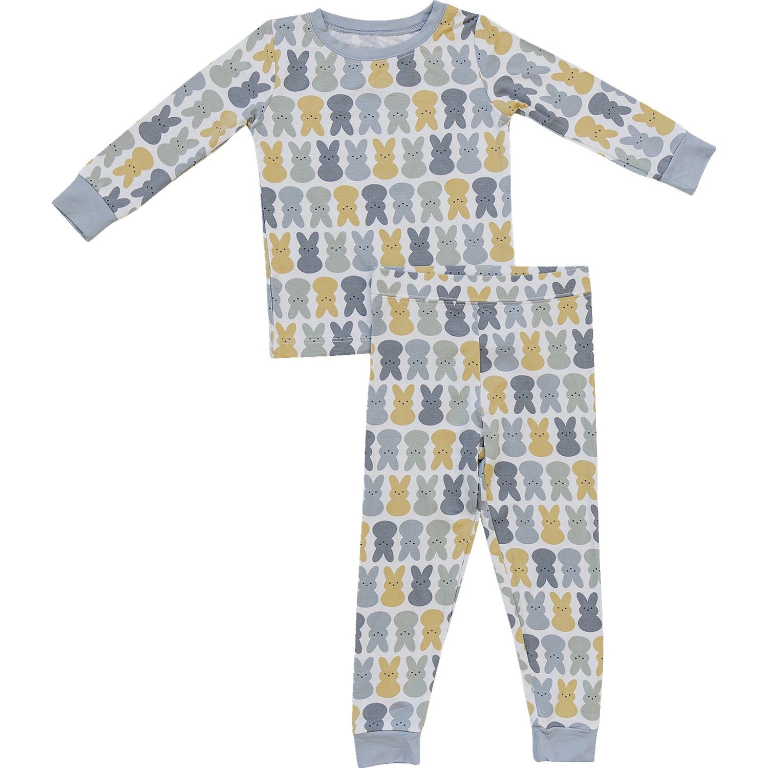 Dusty blue two-piece bamboo pajama set with a peep design on the top and matching pants.
