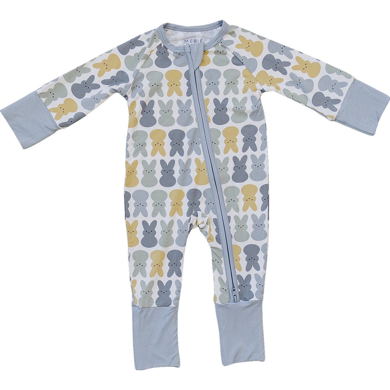 Dusty blue bamboo zipper sleeper with a bunny print, hand and foot cuffs, and full-length zipper.