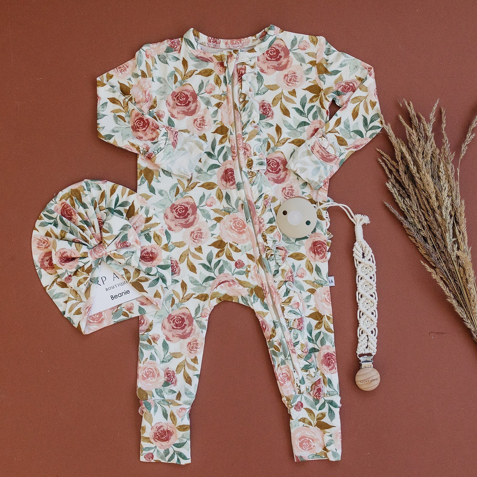 Harp Angel Boutique Dusty Pink Floral Baby Pajamas | Ruffle Zipper Romper - 