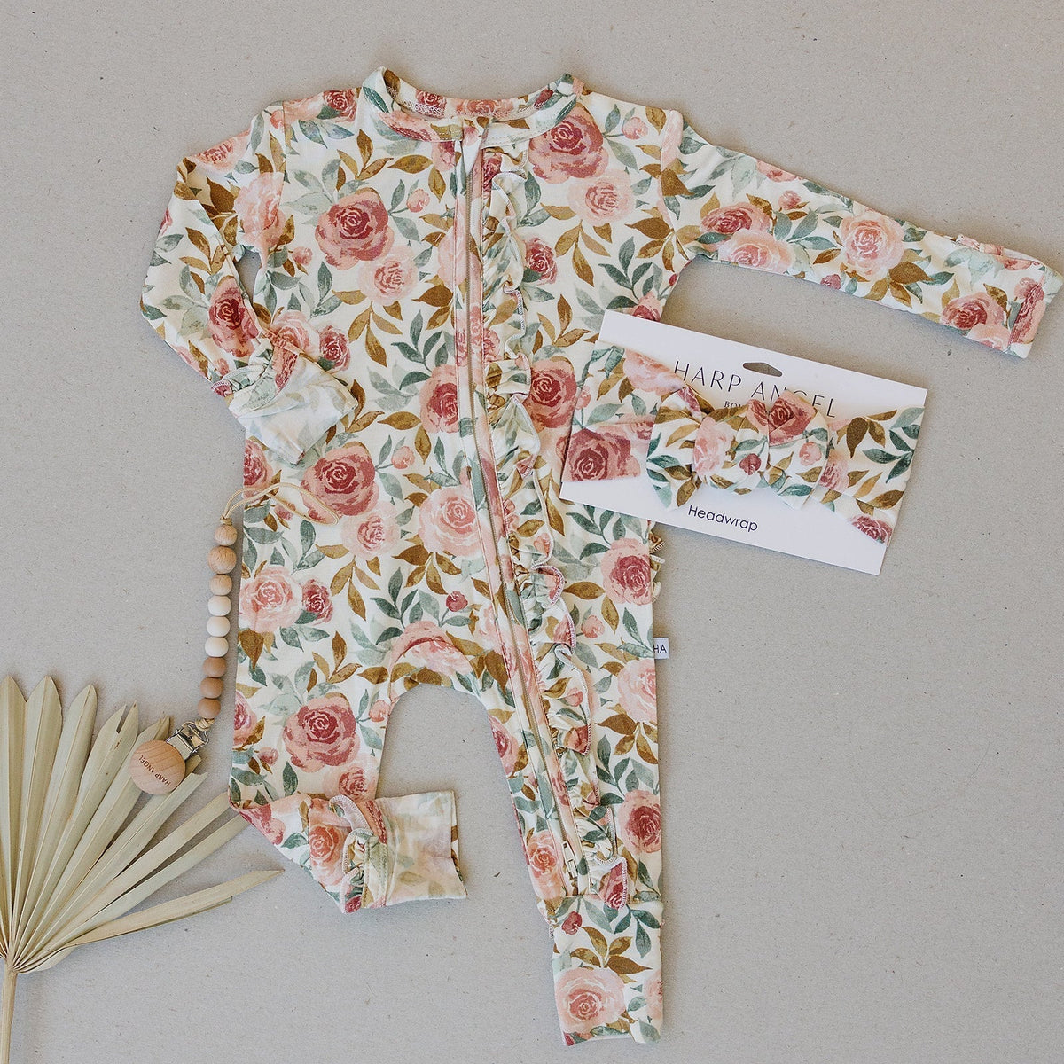 Harp Angel Boutique Dusty Pink Floral Baby Pajamas | Ruffle Zipper Romper - 