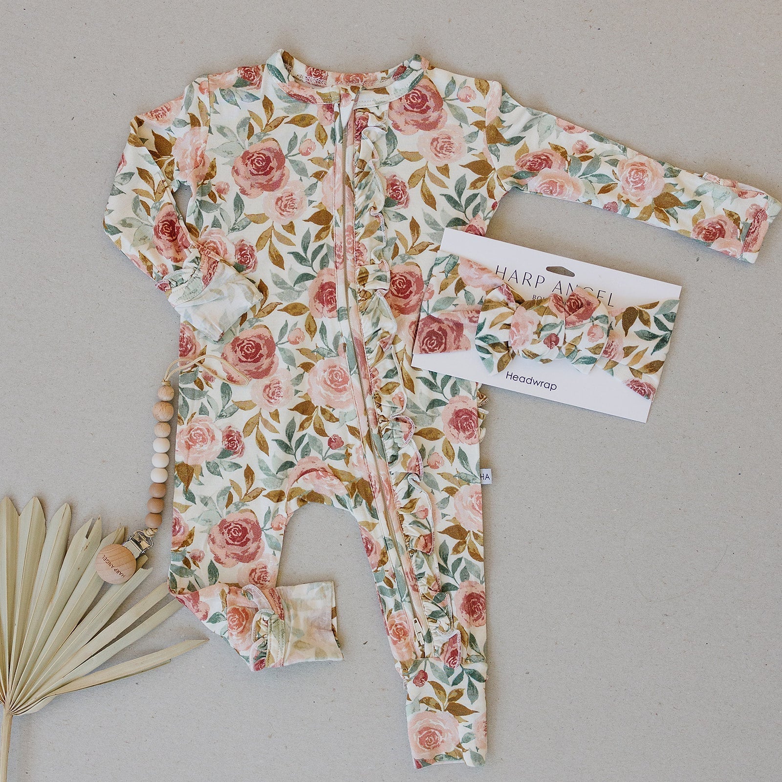Harp Angel Boutique Dusty Pink Floral Baby Pajamas | Ruffle Zipper Romper - 