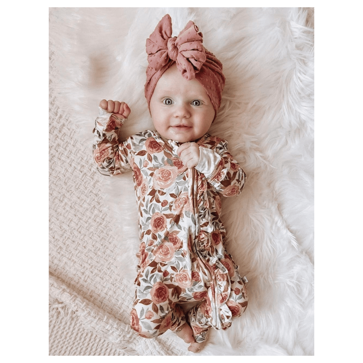 Harp Angel Boutique Dusty Pink Floral Baby Pajamas | Ruffle Zipper Romper - 