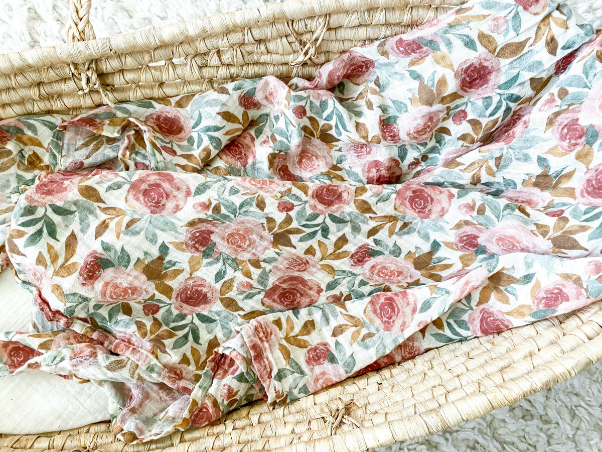 Muslin Swaddle Blanket - Dusty Pink Floral by Harp Angel Boutique at Everetts Place