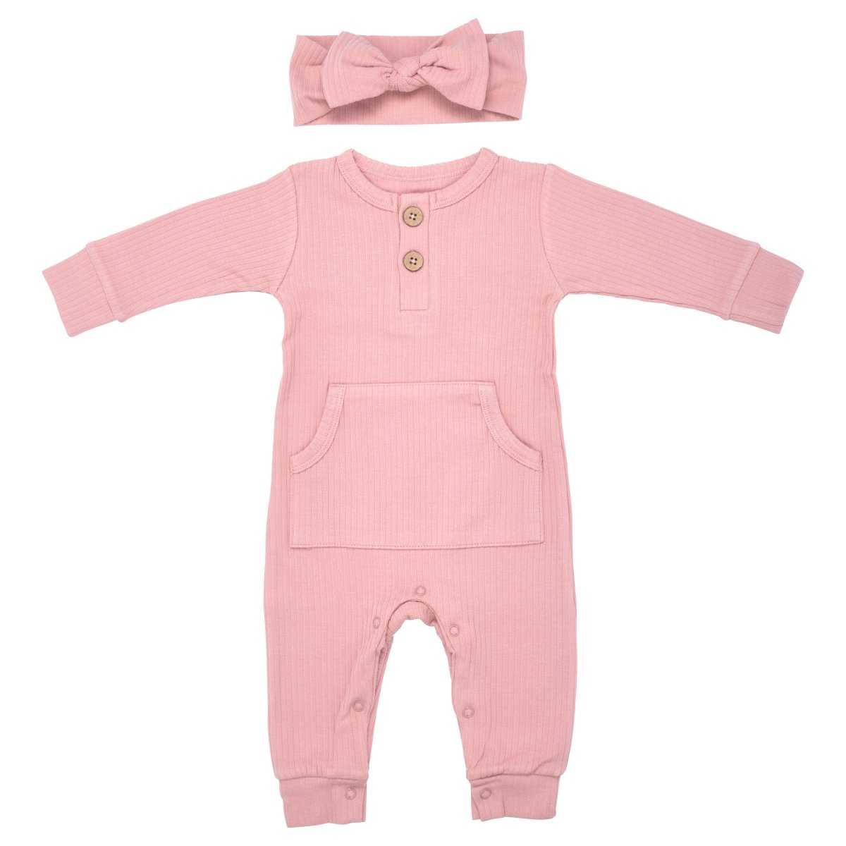 Three Little Tots Dusty Rose Pink Baby Ribbed Playsuit with pockets - 