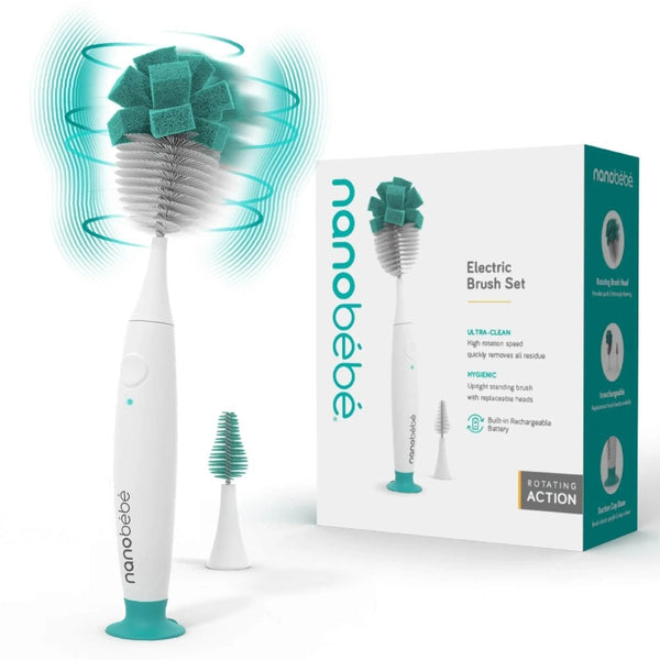 Electric baby bottle brush with rechargeable handle, bottle and nipple brush heads, and USB charging cable
