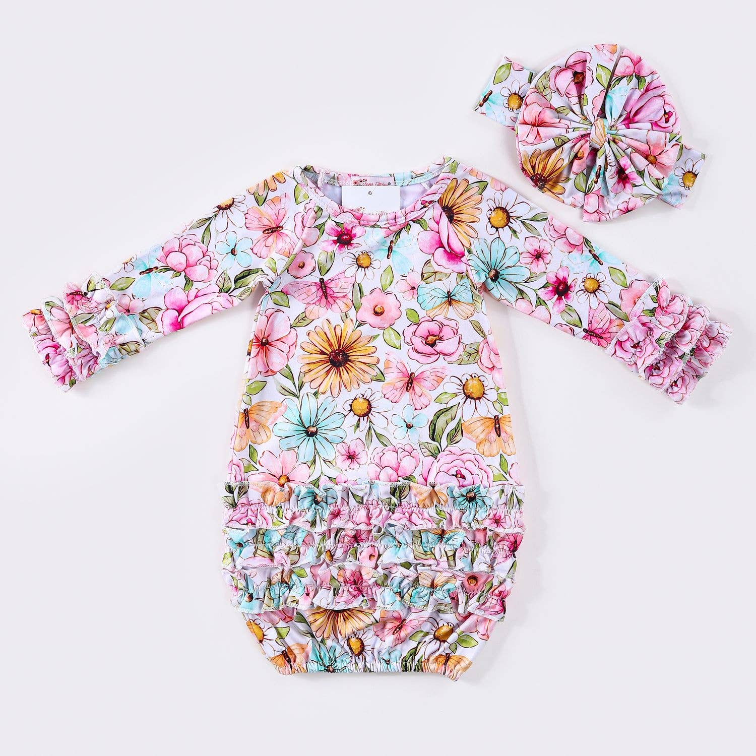Organic Clover Cottage butterfly floral baby gown & headband for newborns.