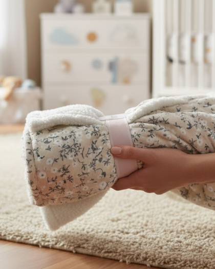 Crover baby blanket with ditsy floral mink front and plush sherpa