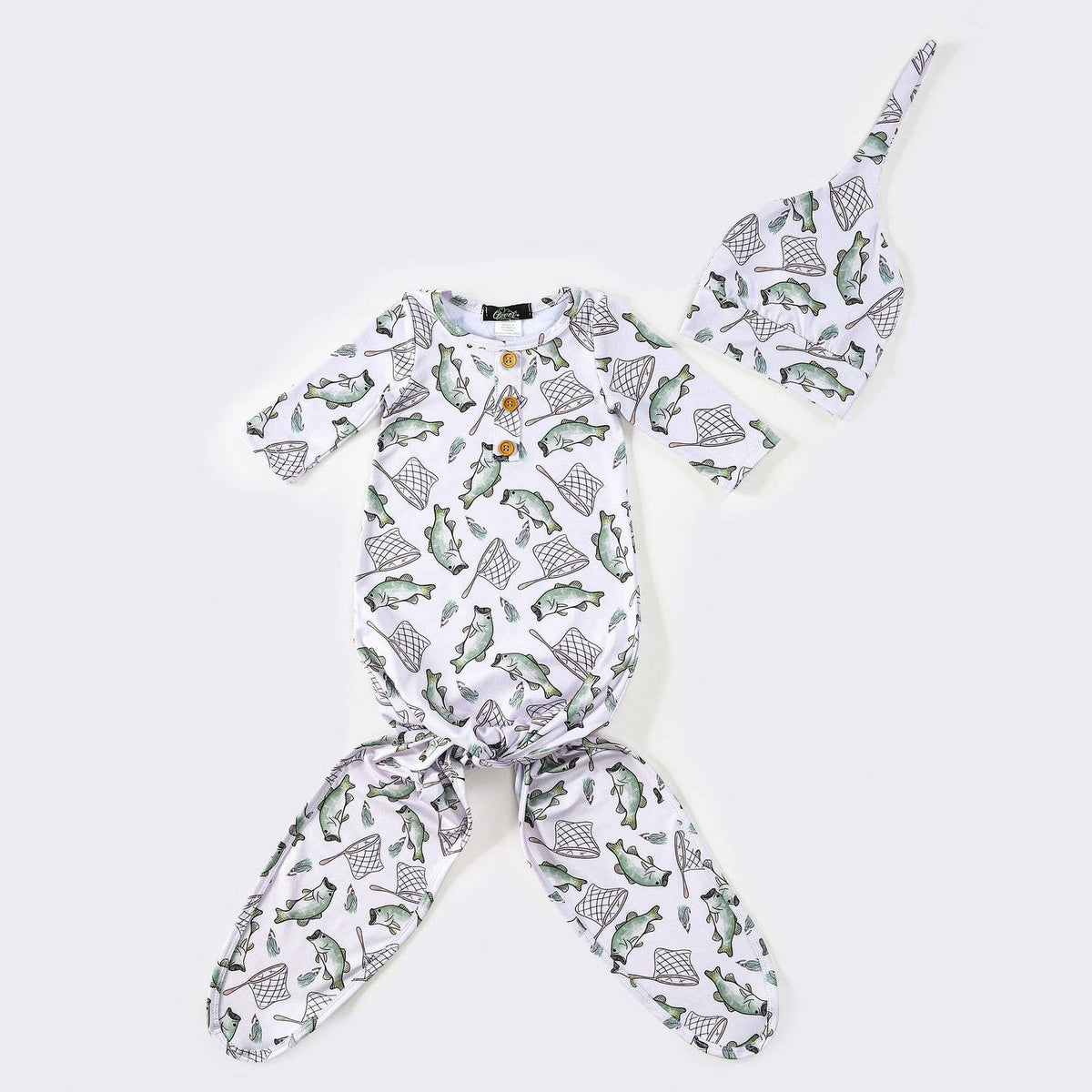 Clover Cottage Catch & Release newborn knotted gown and hat
