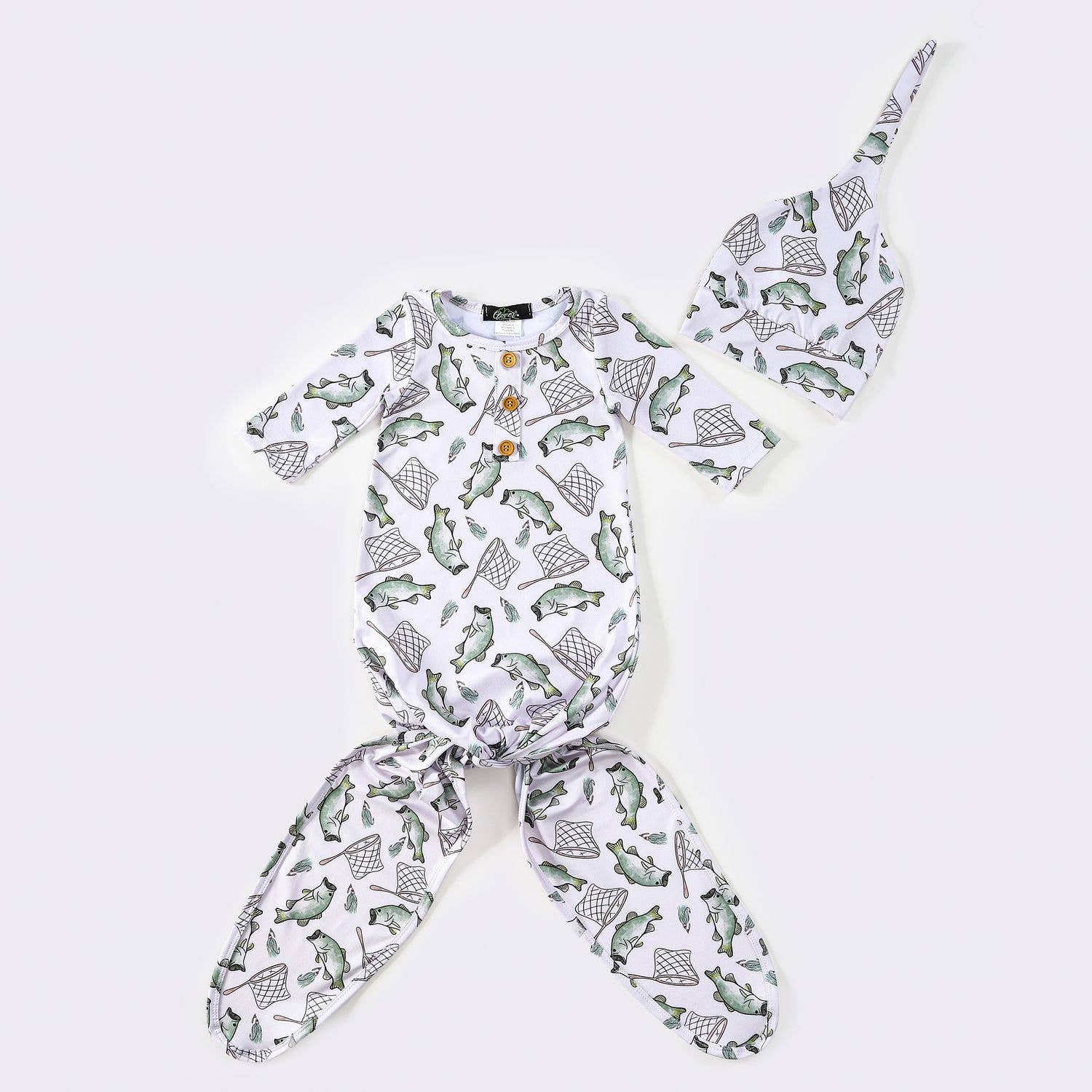 Clover Cottage Catch & Release newborn knotted gown and hat