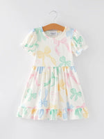 Rylee Faith Designs Easter Colorful Bow Print Puff Sleeve Girls Dress - 