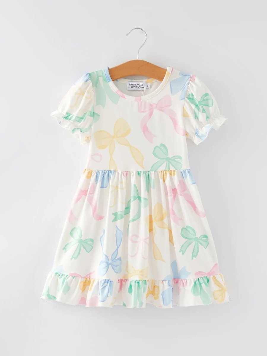 Rylee Faith Designs Easter Colorful Bow Print Puff Sleeve Girls Dress - 