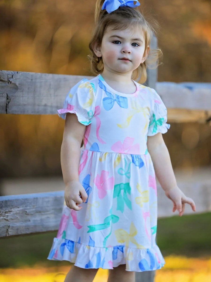 Rylee Faith Designs Easter Colorful Bow Print Puff Sleeve Girls Dress - 