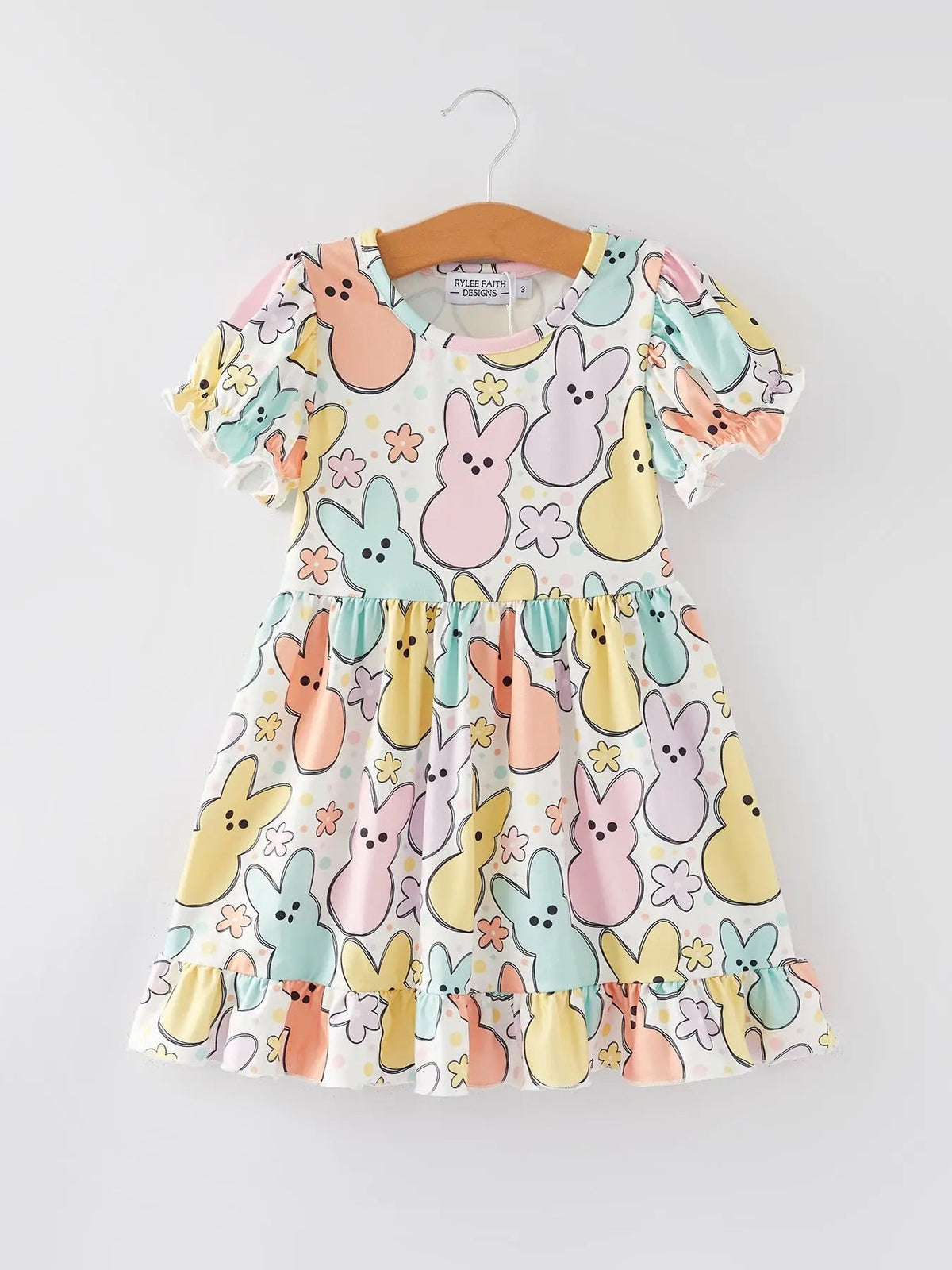 Rylee Faith Designs Easter Colorful Bunny Print Puff Sleeves Girls Dress - 