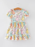 Rylee Faith Designs Easter Colorful Bunny Print Puff Sleeves Girls Dress - 