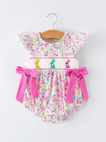 Rylee Faith Designs Easter Colorful Floral Bunny Bow Smocking Embroidery Baby Girl Romper - 