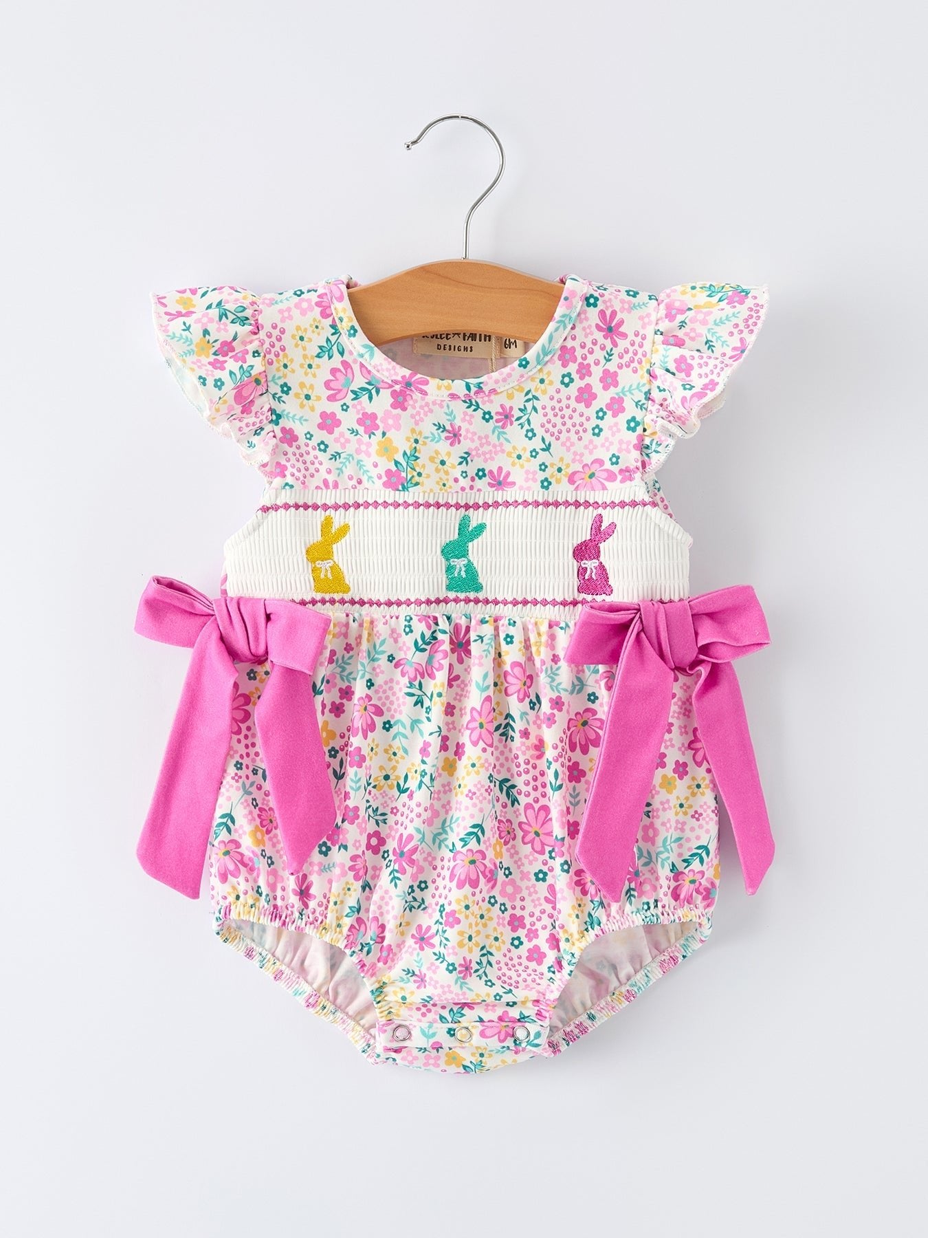 Rylee Faith Designs Easter Colorful Floral Bunny Bow Smocking Embroidery Baby Girl Romper - 