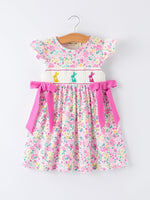Rylee Faith Designs Easter Colorful Floral Bunny Bow Smocking Embroidery Girl Dress - 