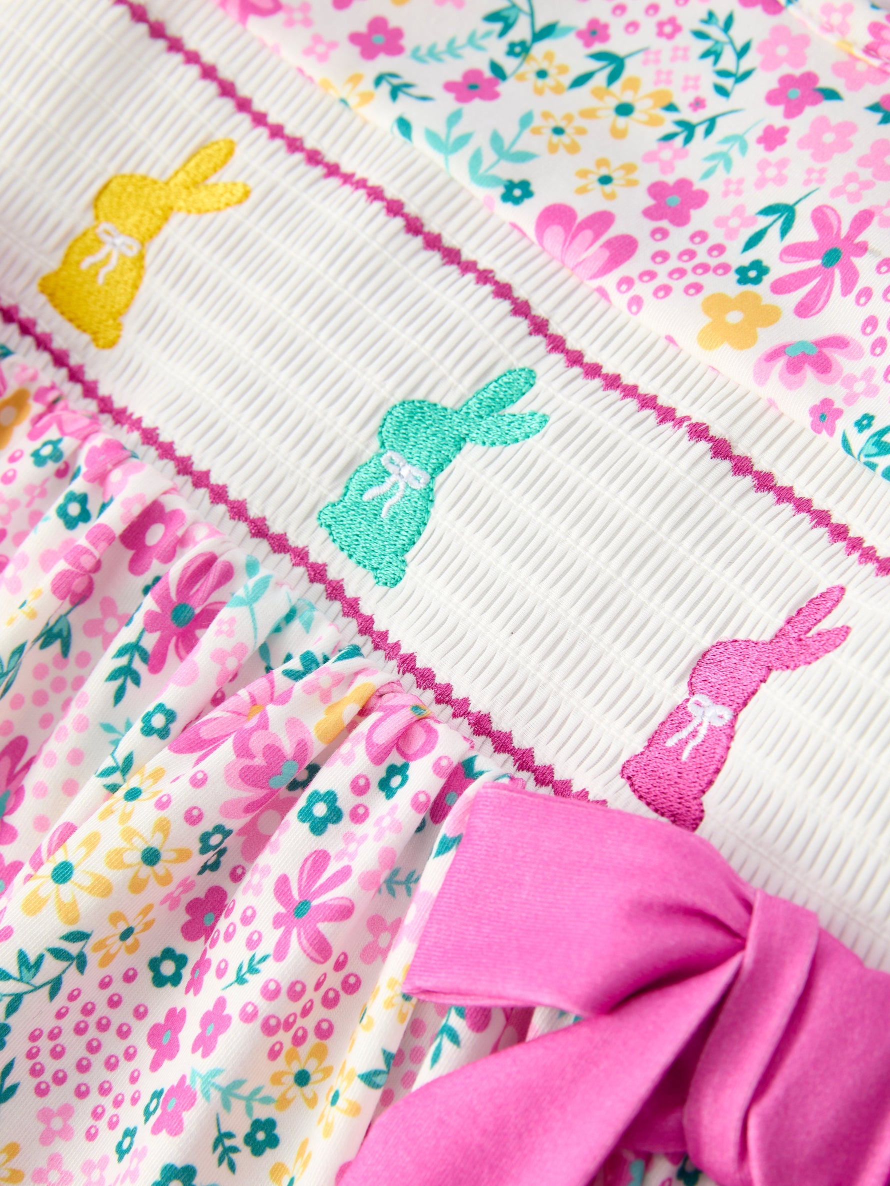 Rylee Faith Designs Easter Colorful Floral Bunny Bow Smocking Embroidery Girl Dress - 