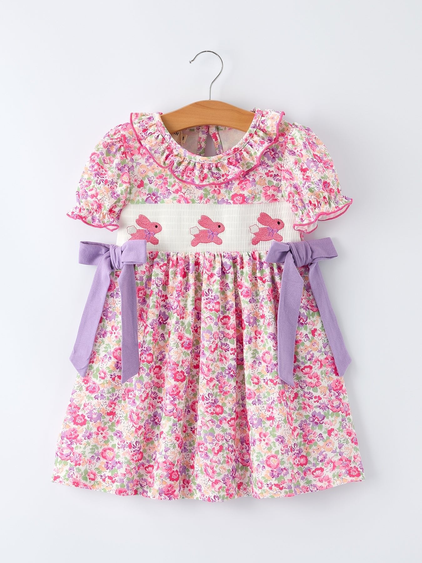 Rylee Faith Designs Easter Colorful Floral Bunny Embroidery Bow Ruffle Girl Dress - 