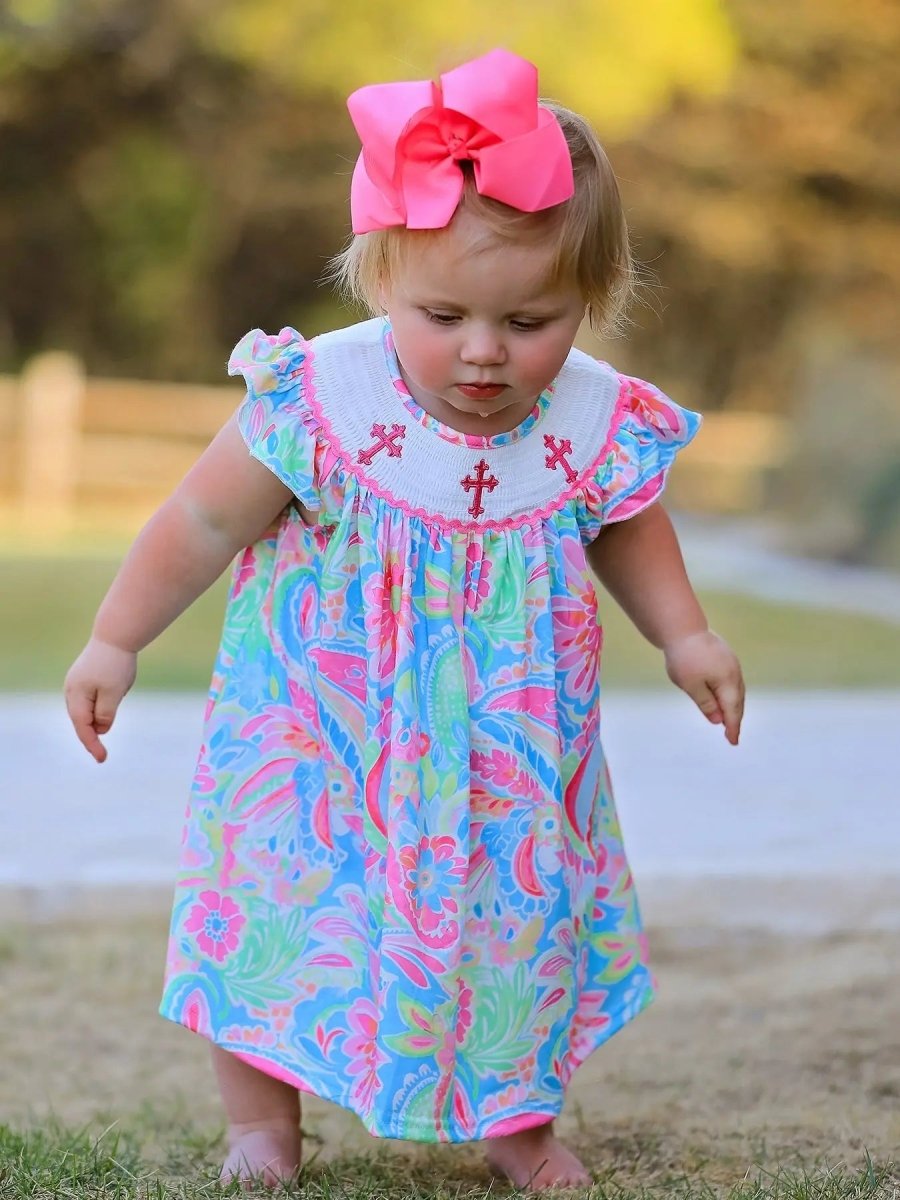 Rylee Faith Designs Easter Cross Smocking Embroidery Baby Girl Dress - Everetts Place Boutique - 