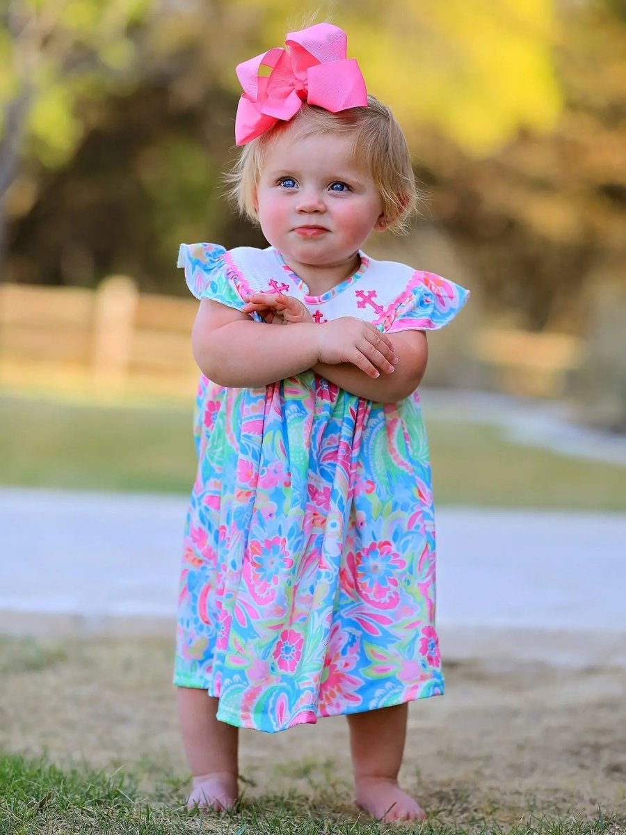 Rylee Faith Designs Easter Cross Smocking Embroidery Baby Girl Dress - Everetts Place Boutique - 
