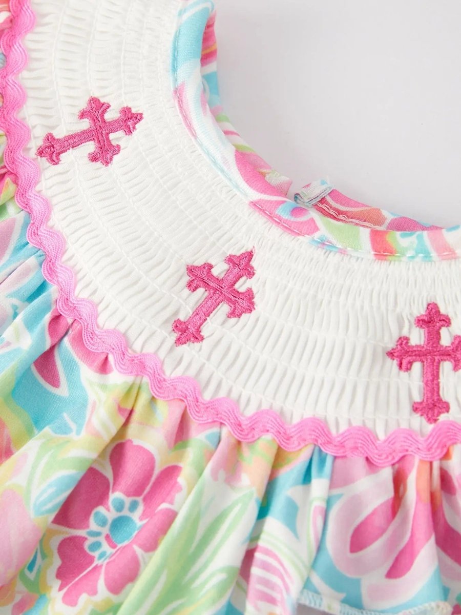 Rylee Faith Designs Easter Cross Smocking Embroidery Baby Girl Romper - Everetts Place Boutique - 