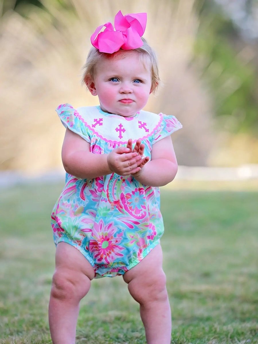 Rylee Faith Designs Easter Cross Smocking Embroidery Baby Girl Romper - Everetts Place Boutique - 