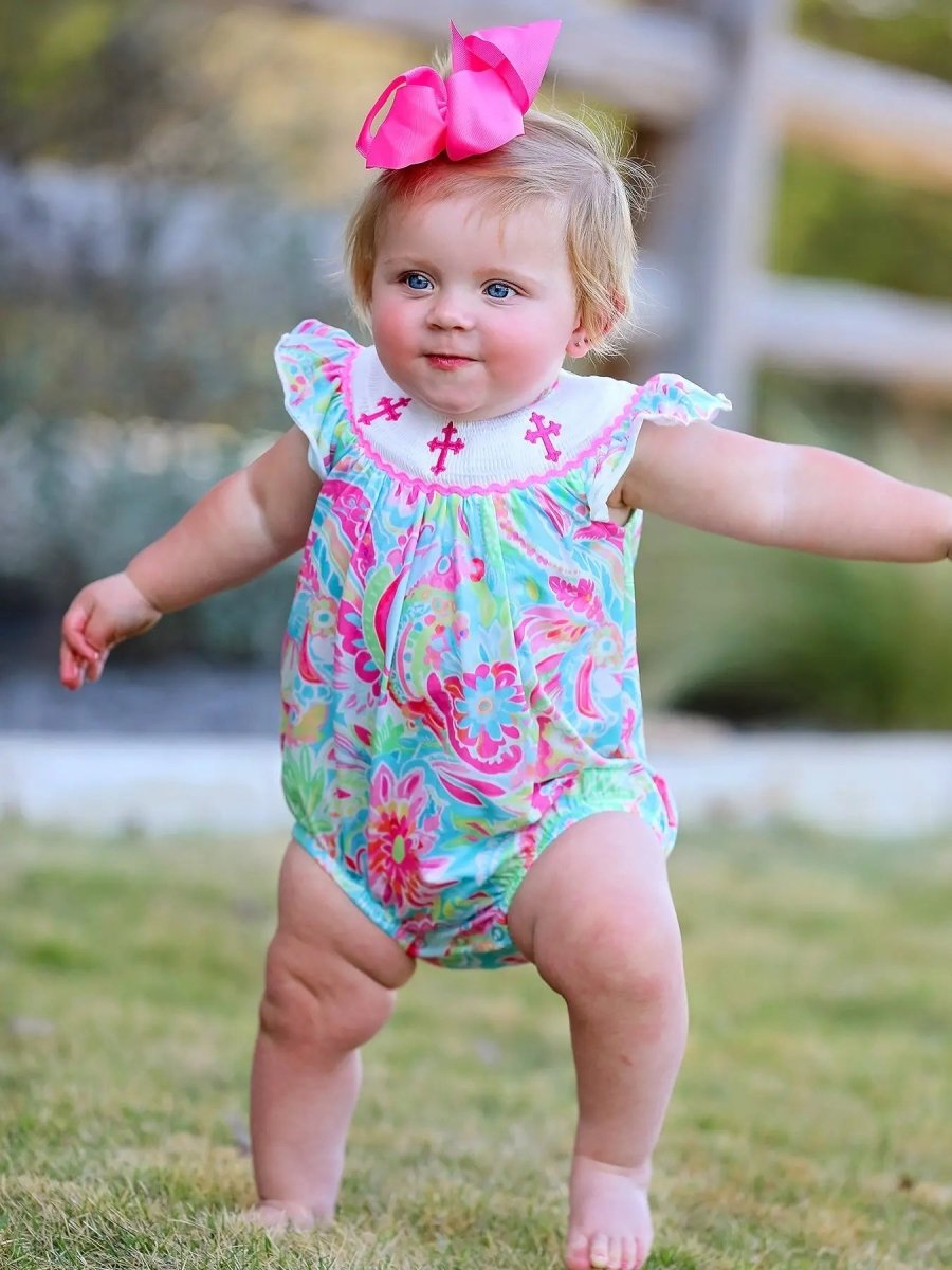 Rylee Faith Designs Easter Cross Smocking Embroidery Baby Girl Romper - Everetts Place Boutique - 