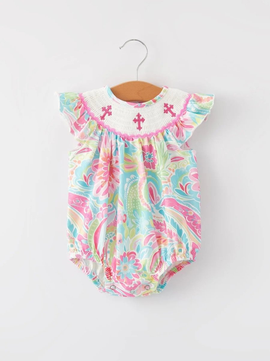 Rylee Faith Designs Easter Cross Smocking Embroidery Baby Girl Romper - Everetts Place Boutique - 