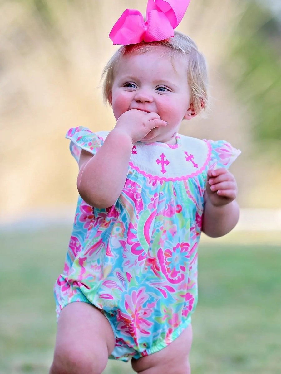 Rylee Faith Designs Easter Cross Smocking Embroidery Baby Girl Romper - Everetts Place Boutique - 