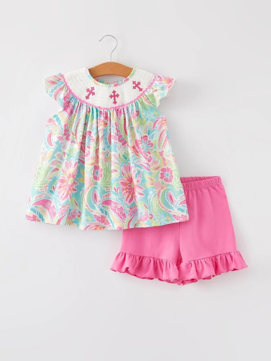 Rylee Faith Designs Easter Cross Smocking Embroidery Baby Girl Set - Everetts Place Boutique - 