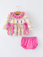Rylee Faith Designs Easter Pink Bunny Embroidered Floral Long - Sleeved Girl Bloomer Set - 
