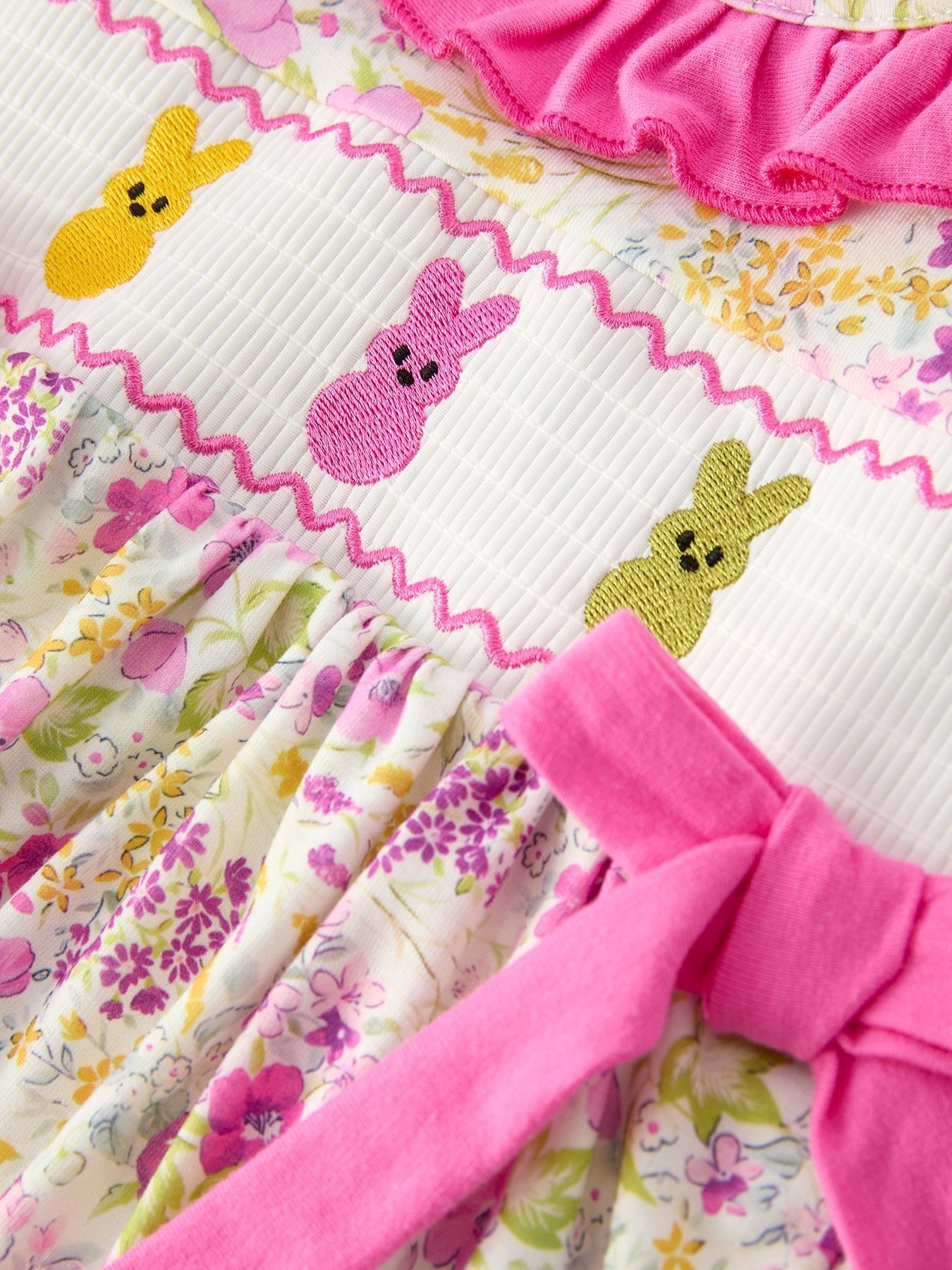 Rylee Faith Designs Easter Pink Bunny Embroidered Floral Long - Sleeved Girl Bloomer Set - 