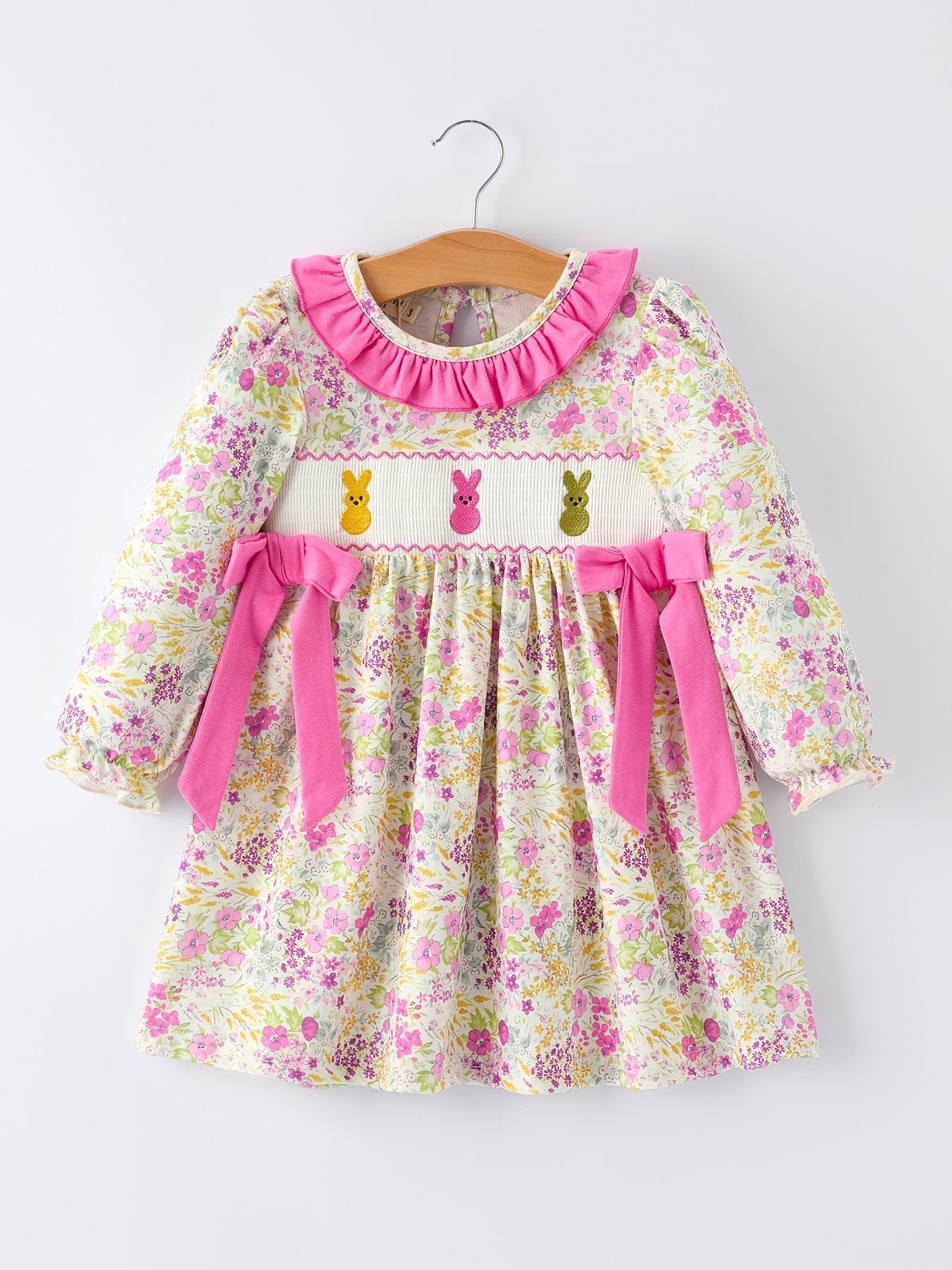 Rylee Faith Designs Easter Pink Bunny Embroidered Floral Long - Sleeved Girls' Dress - 