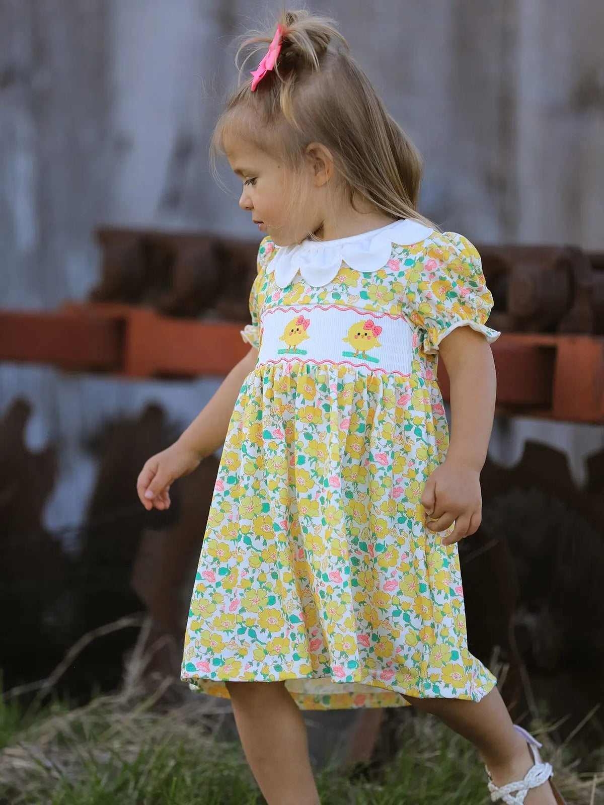 Rylee Faith Designs Easter Yellow Chick Embroidery Floral Girl Dress Petal Collar - 