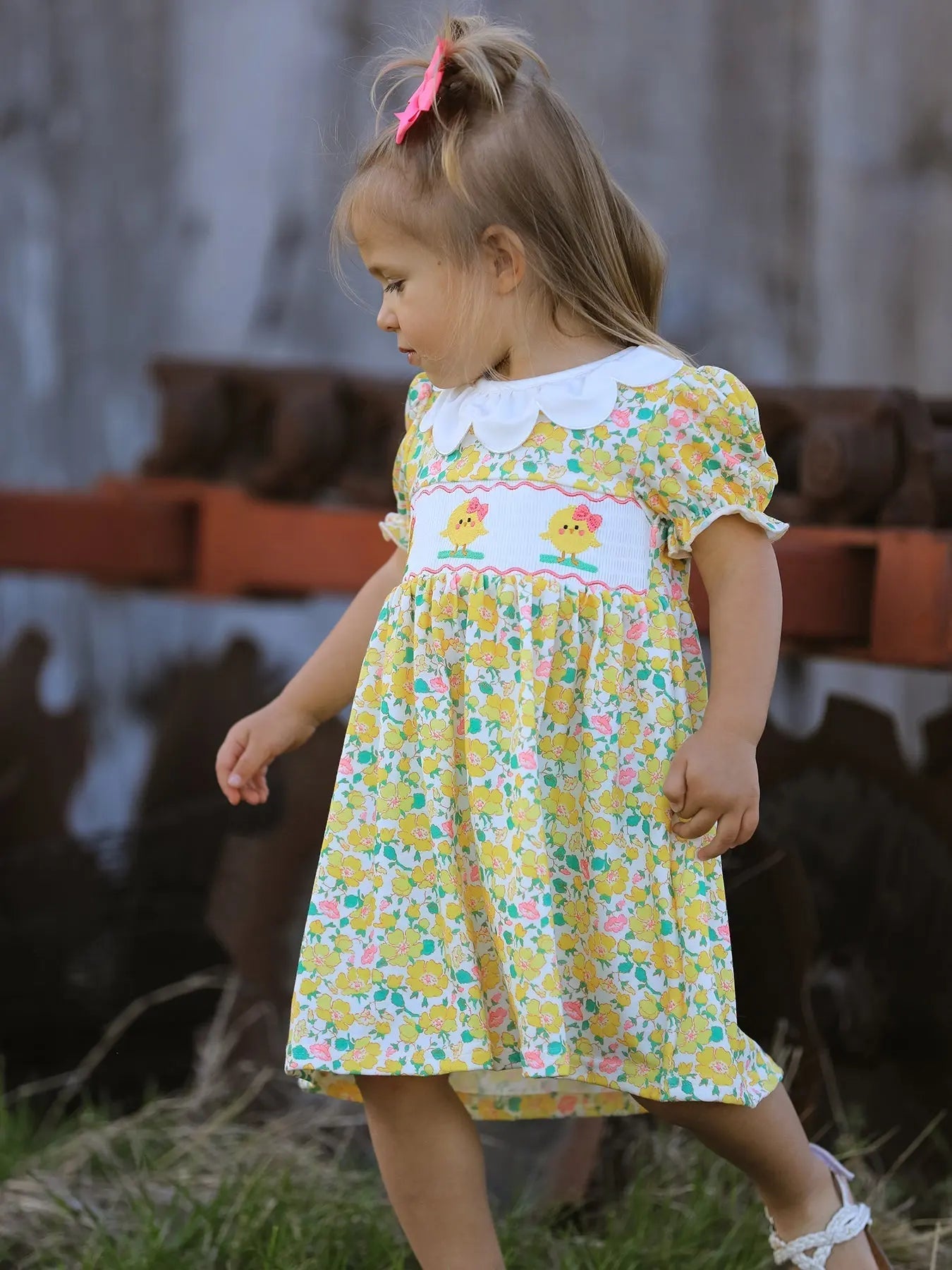Rylee Faith Designs Easter Yellow Chick Embroidery Floral Girl Dress Petal Collar - 