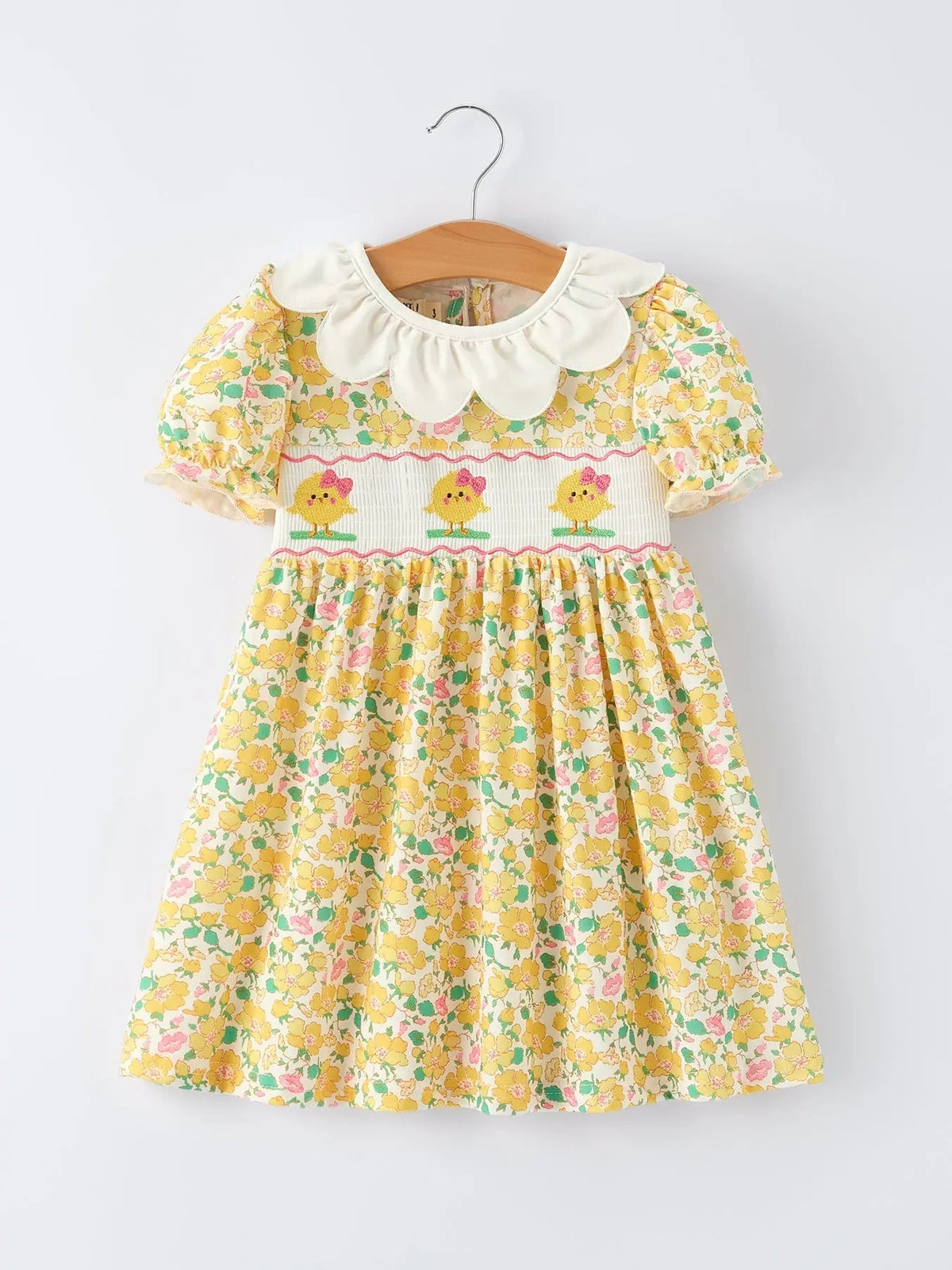 Rylee Faith Designs Easter Yellow Chick Embroidery Floral Girl Dress Petal Collar - 
