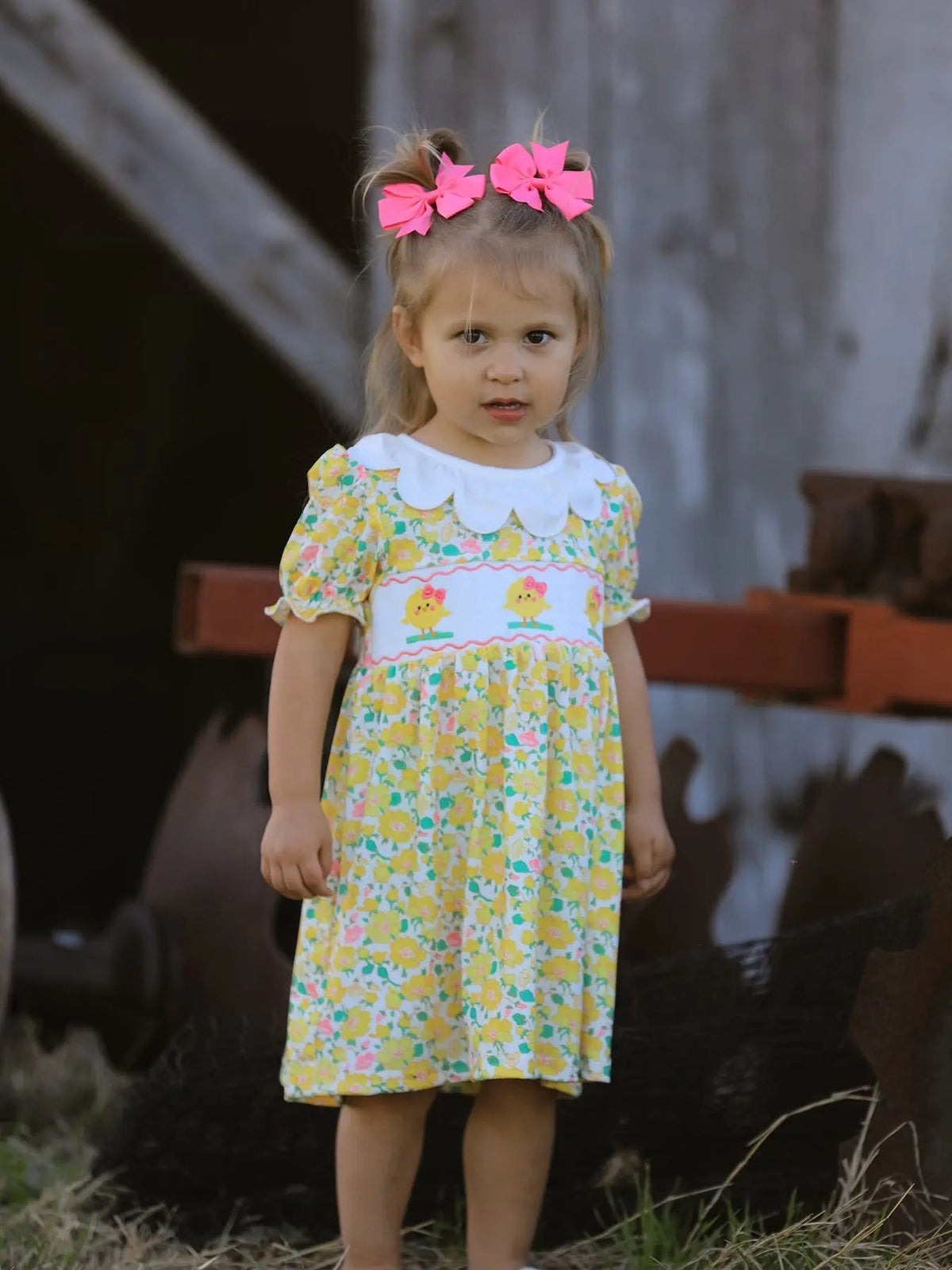 Rylee Faith Designs Easter Yellow Chick Embroidery Floral Girl Dress Petal Collar - 